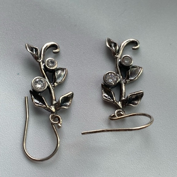 Shablool-Style Sterling CZ Israel Made Leaf Vine Dangle Earrings - Picture 11 of 12